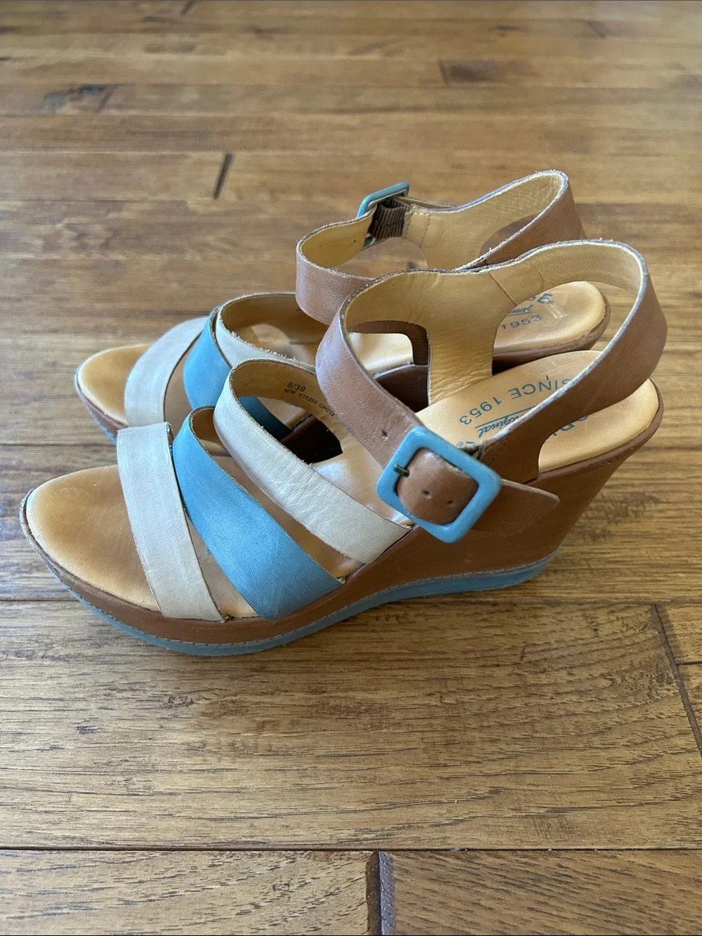Kork-Ease Emily Strappy Wedge Heel Sandals Brown Blue Ivory Leather Size 8